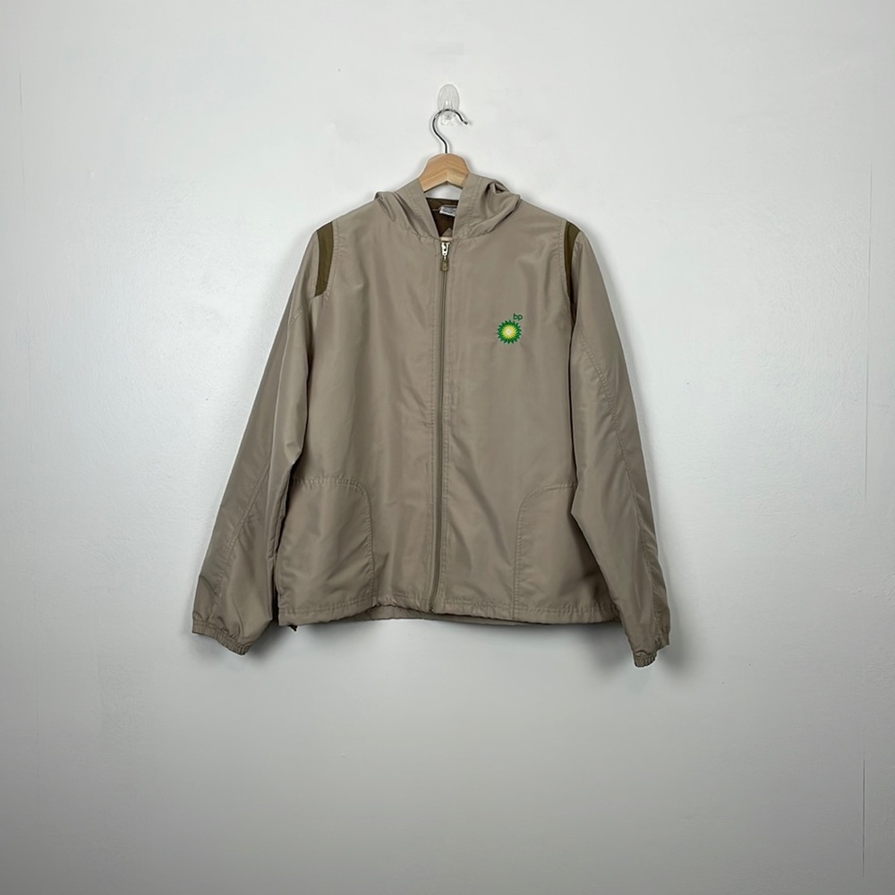 BP Employee windbreaker jacket women XL beige full zip 2 pockets hooded jacket